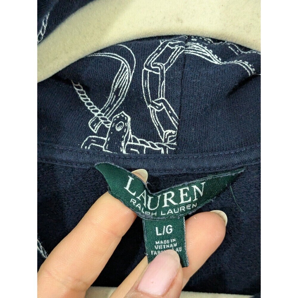 Lauren Ralph Lauren Cropped Hoodie Navy Chain Print Casual Pullover Sz L - Picture 2 of 9